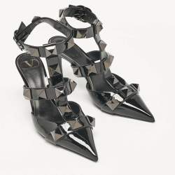 Pre Owned Valentino Black Patent Leather Roman Stud Ankle Strap Pumps Size 37 