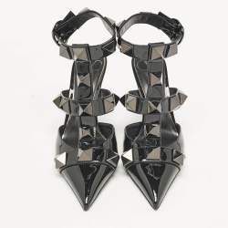 Pre Owned Valentino Black Patent Leather Roman Stud Ankle Strap Pumps Size 37 