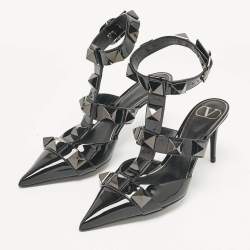 Pre Owned Valentino Black Patent Leather Roman Stud Ankle Strap Pumps Size 37 