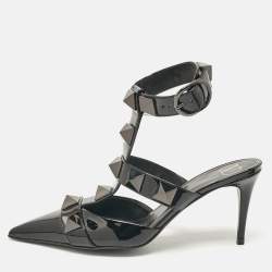 Pre Owned Valentino Black Patent Leather Roman Stud Ankle Strap Pumps Size 37 