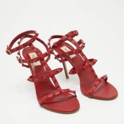 Valentino Red Leather Rockstud Ankle Strap Sandals Size 39.5