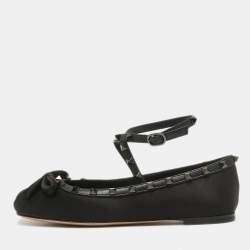 Pre Owned Valentino Black Satin Rockstud Bow Ballet Flats Size 38