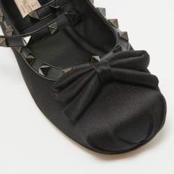 Pre Owned Valentino Black Satin Rockstud Bow Ballet Flats Size 38