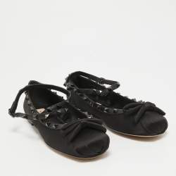 Pre Owned Valentino Black Satin Rockstud Bow Ballet Flats Size 38