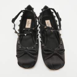 Pre Owned Valentino Black Satin Rockstud Bow Ballet Flats Size 38