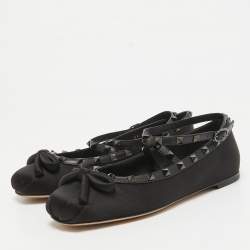 Pre Owned Valentino Black Satin Rockstud Bow Ballet Flats Size 38