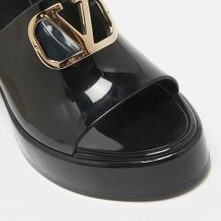 Pre Owned Valentino Black Rubber VLogo Platform Mules Size 42
