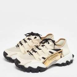 Pre Owned Valentino Cream/Black Mesh Fabric and Leather Climbers Sneakers Size 39