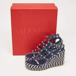 Valentino Navy Blue Leather Rockstud Wedge Sandals Size 39