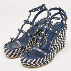 Valentino Navy Blue Leather Rockstud Wedge Sandals Size 39