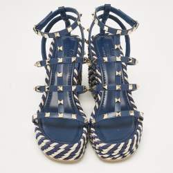 Valentino Navy Blue Leather Rockstud Wedge Sandals Size 39