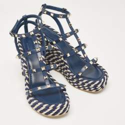 Valentino Navy Blue Leather Rockstud Wedge Sandals Size 39