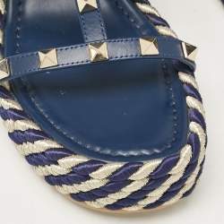 Valentino Navy Blue Leather Rockstud Wedge Sandals Size 39