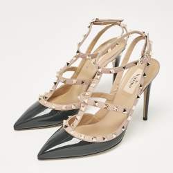 Pre Owned Valentino Beige/Grey Leather and Patent Leather Rockstud Pumps  Size 41