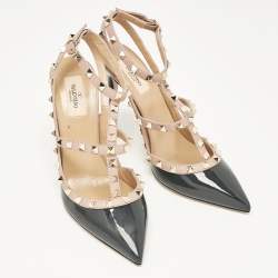 Pre Owned Valentino Beige/Grey Leather and Patent Leather Rockstud Pumps  Size 41