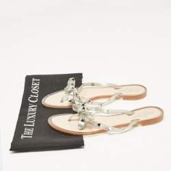 Pre Owned Valentino Silver Glitter Jelly Rockstud Bow Thong Flats Size 38