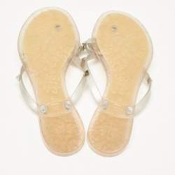 Pre Owned Valentino Silver Glitter Jelly Rockstud Bow Thong Flats Size 38