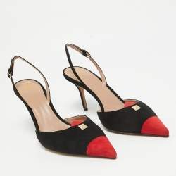 Pre Owned Valentino Black/Red Suede Rockstud Slingback Pumps Size  41