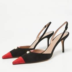 Pre Owned Valentino Black/Red Suede Rockstud Slingback Pumps Size  41