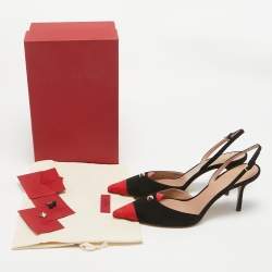 Pre Owned Valentino Black/Red Suede Rockstud Slingback Pumps Size  41