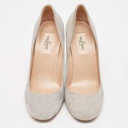 Pre Owned Valentino Grey Suede Block Heel Pumps Size 36.5