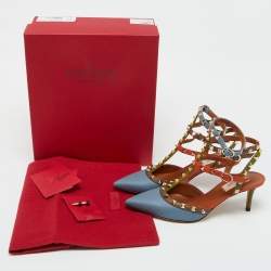 Pre Owned Valentino Multicolor Leather Rockstud Ankle Strap Pumps Size 39