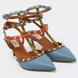 Pre Owned Valentino Multicolor Leather Rockstud Ankle Strap Pumps Size 39