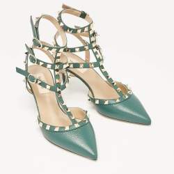 Pre Owned Valentino Green Leather Rockstud Caged Pumps Size 37.5