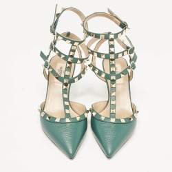Pre Owned Valentino Green Leather Rockstud Caged Pumps Size 37.5