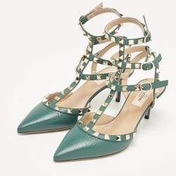 Pre Owned Valentino Green Leather Rockstud Caged Pumps Size 37.5