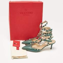 Pre Owned Valentino Green Leather Rockstud Caged Pumps Size 37.5