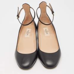 Pre Owned Valentino Black Leather Tango Ankle Strap Flats Size 37.5