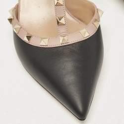 Pre Owned Valentino Black/Beige Leather Rockstud Ankle Strap Pumps Size 41