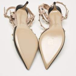 Pre Owned Valentino Black/Beige Leather Rockstud Ankle Strap Pumps Size 41