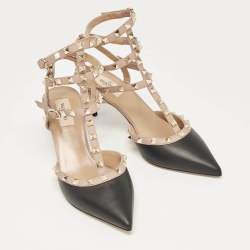 Pre Owned Valentino Black/Beige Leather Rockstud Ankle Strap Pumps Size 41