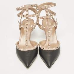 Pre Owned Valentino Black/Beige Leather Rockstud Ankle Strap Pumps Size 41