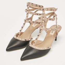 Pre Owned Valentino Black/Beige Leather Rockstud Ankle Strap Pumps Size 41