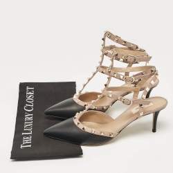 Pre Owned Valentino Black/Beige Leather Rockstud Ankle Strap Pumps Size 41