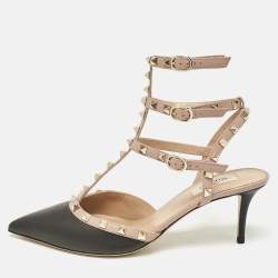Pre Owned Valentino Black/Beige Leather Rockstud Ankle Strap Pumps Size 41