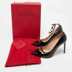 Pre Owned Valentino Black Patent Leather Ankle Strap Pumps Size 38.5