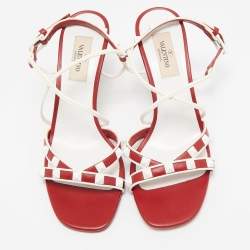 Valentino Red Leather Free Rockstud Crisscross Slingback Sandals Size 36.5