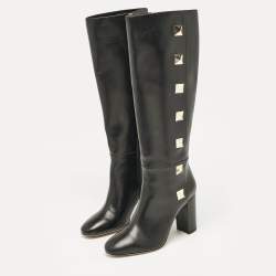 Pre Owned Valentino Black Leather Rockstud Knee Length Boots Size 40