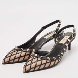 Pre Owned Valentino Black/Beige Leather Rockstud Slingback Pumps Size 39