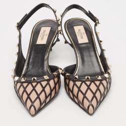 Pre Owned Valentino Black/Beige Leather Rockstud Slingback Pumps Size 39