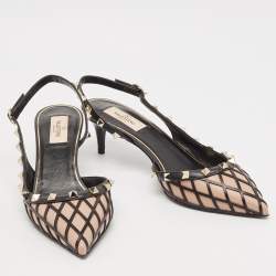 Pre Owned Valentino Black/Beige Leather Rockstud Slingback Pumps Size 39