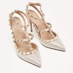 Pre Owned Valentino Beige/Silver Satin and Crystals Rockstud Pumps Size 36