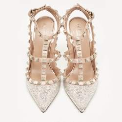 Pre Owned Valentino Beige/Silver Satin and Crystals Rockstud Pumps Size 36