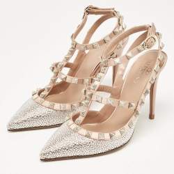 Pre Owned Valentino Beige/Silver Satin and Crystals Rockstud Pumps Size 36