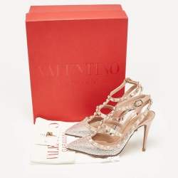 Pre Owned Valentino Beige/Silver Satin and Crystals Rockstud Pumps Size 36