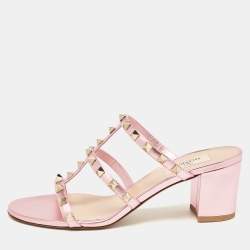 Pre Owned Valentino Metallic Pink Leather Rockstud Slide Sandals Size 38.5